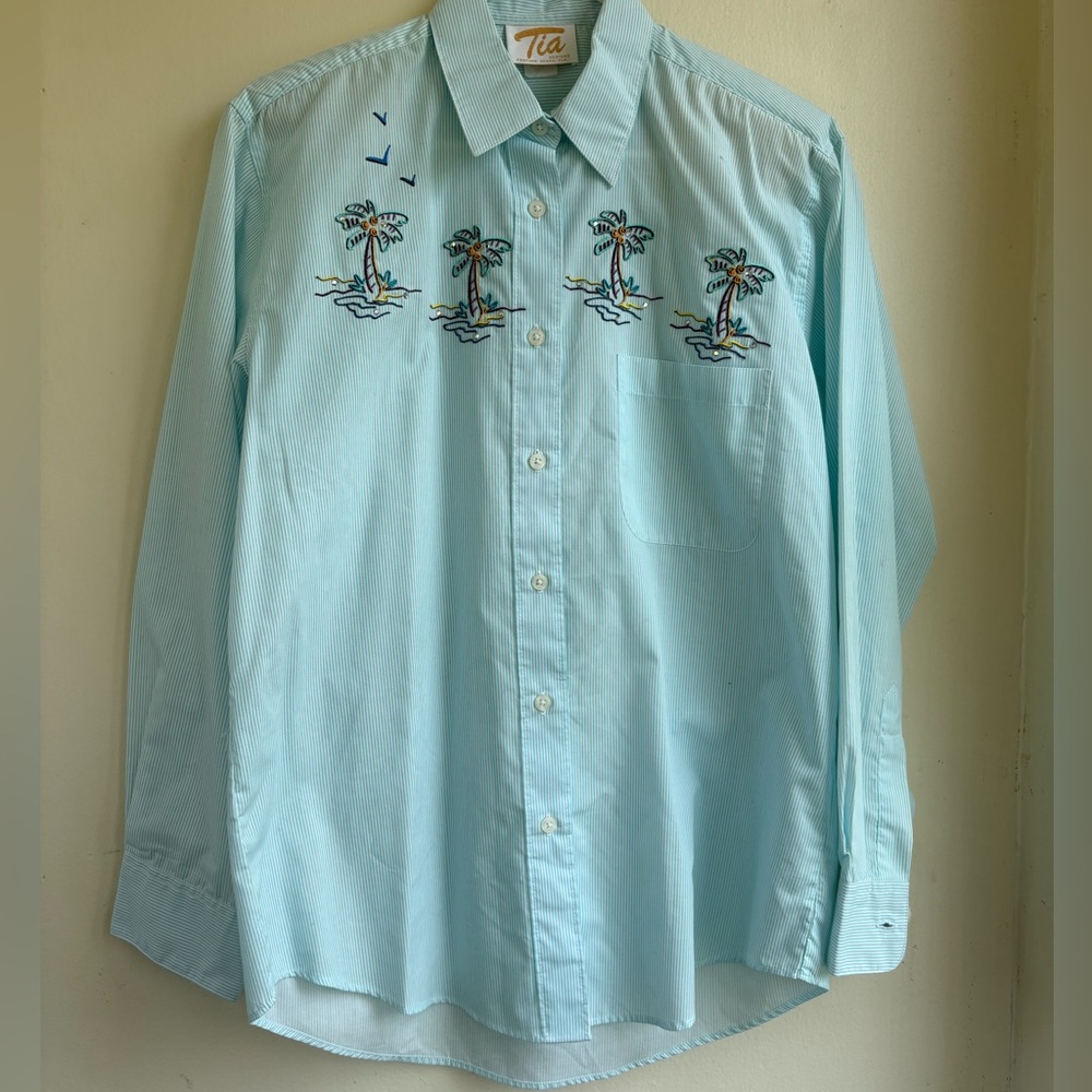 Vintage Tia Designs Palm Tree Embroidered Button Down Swim Cover Up Beach Shirt